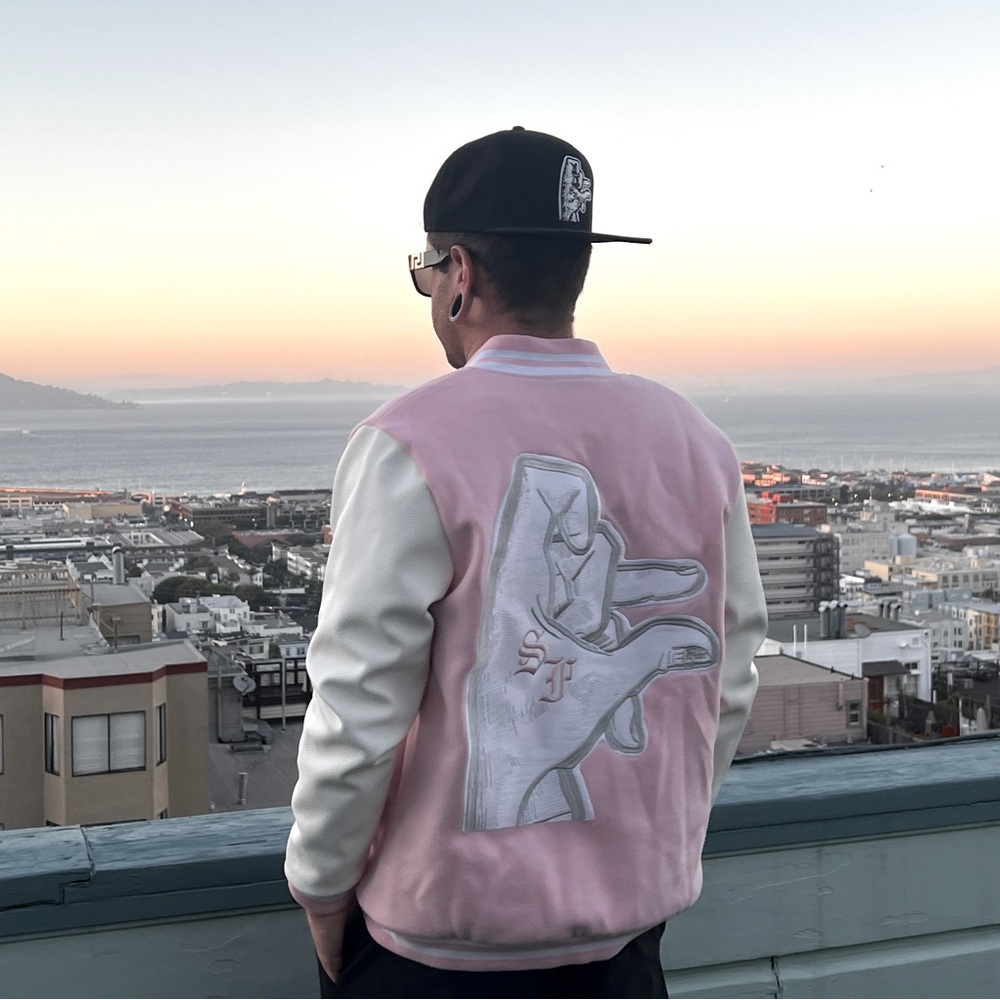 Powder Pink and grey.  San Francisco “hand sign” leather + wool varsity jacket.